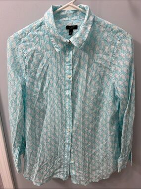 Talbots Light Aqua and White Seahorse Print Button-Down Shirt